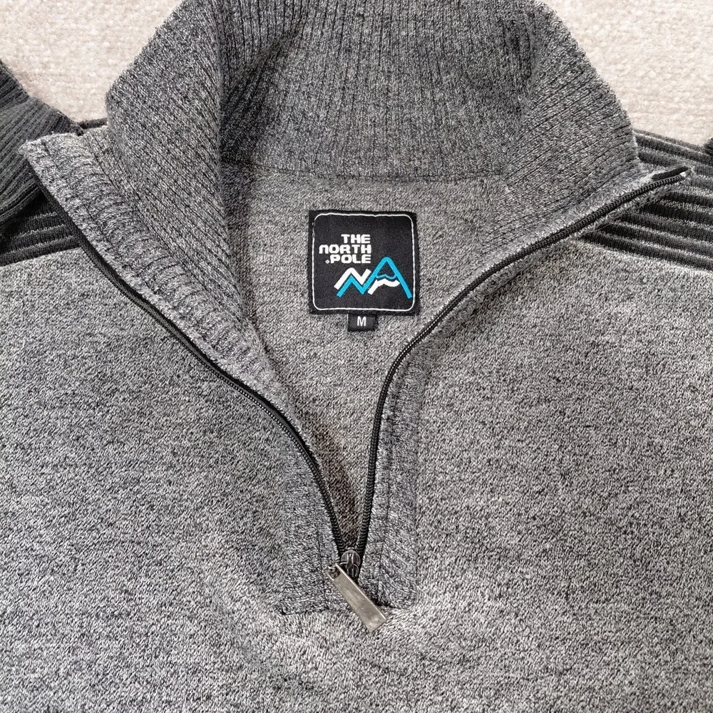 The North Pole 1/4 Zip Sweater Mens MEDIUM Gray Black Elbow Patches Lightweight